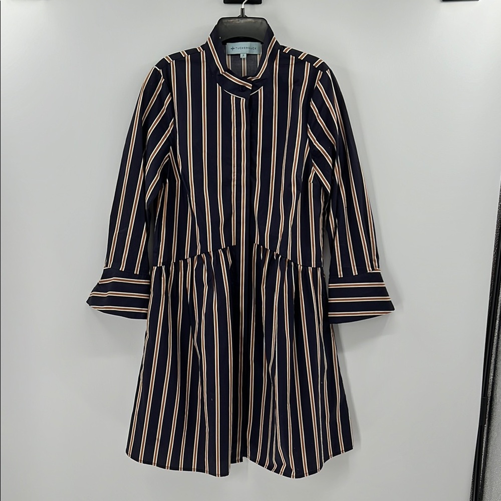 Tuckernuck Navy and Beige Vertical-Stripe Long Sleeve Dress